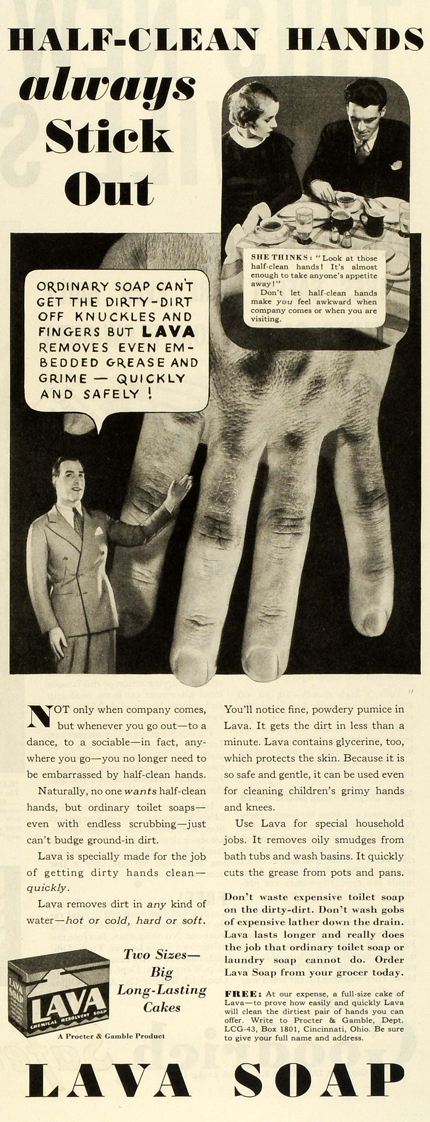 1933 Ad Lava Soap Grease Removal Blue Collar Dirty Man Hands Procter Gamble MX7
