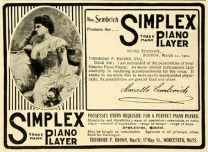 1902 Ad Sembrich Simplex Piano Player Hotel Touraine Boston Theodore P MX7