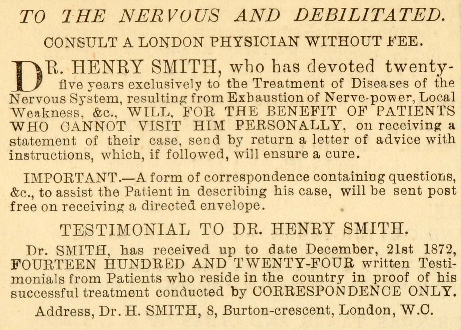 1873 Ad Dr. H. Smith London Physician Nervous System Treatment Remedy MX7
