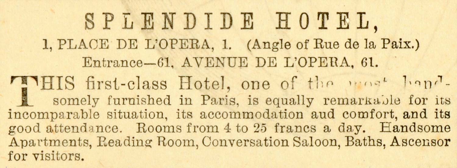 1873 Ad Splendide Hotel Place De L'Opera Luxury Lodging Travel Vacation MX7