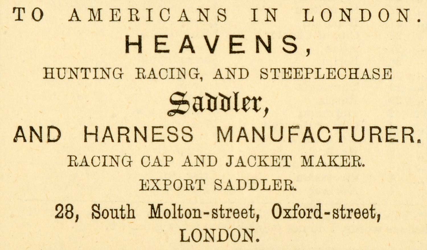 1873 Ad Heavens Saddler Harness Manufacturer Hunting Racing Cap Steeplechase MX7