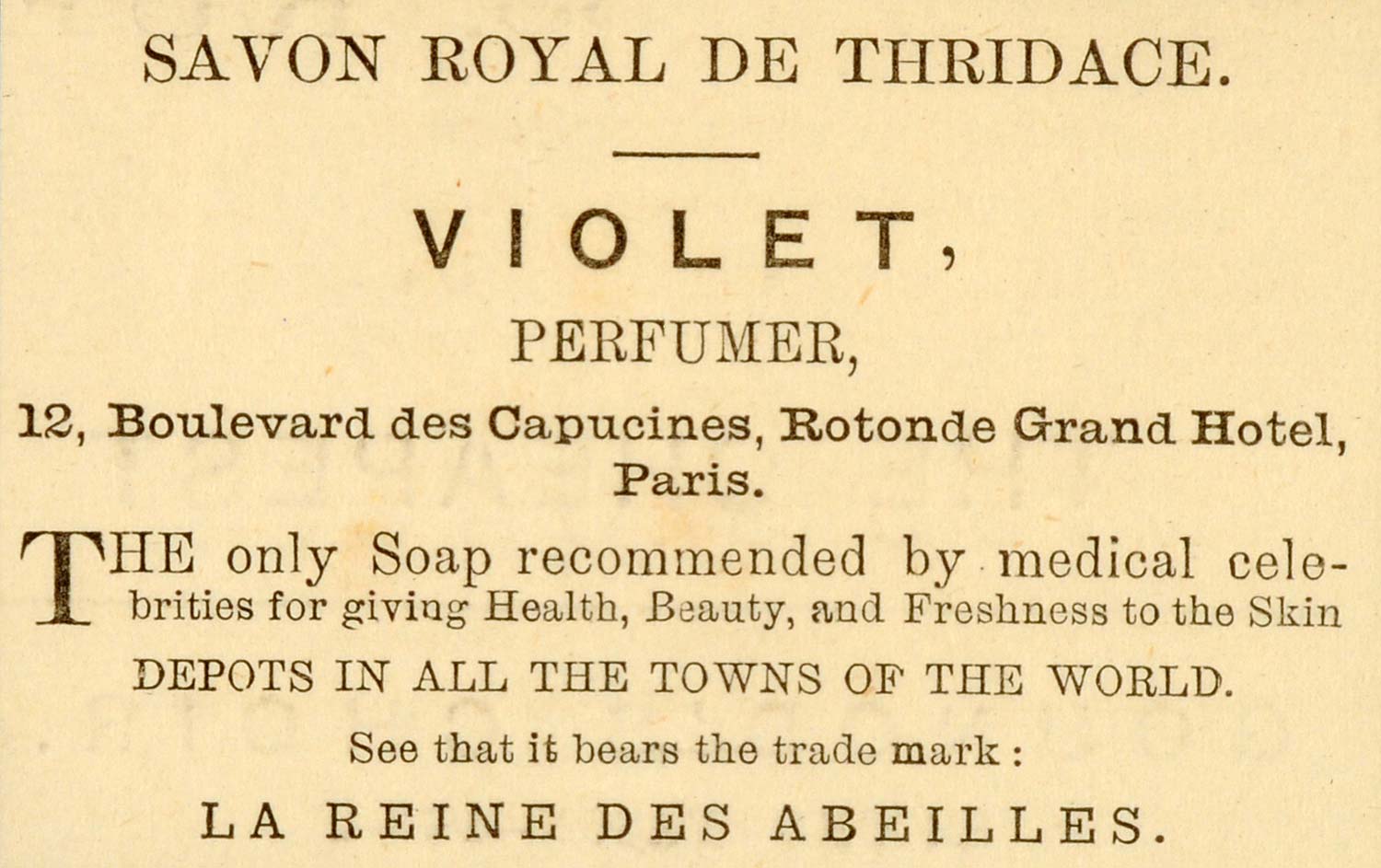 1873 Ad Savon Royal De Thridace Violet Paris La Reine Des Abeilles Soap MX7