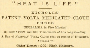 1873 Ad Nicholl Patent Volta Medicated Cloth Treatment Neuralgia Rheumatism MX7