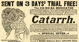 1901 Ad E J Worst Ashland Ohio Catarrh Corona Medicator Inhaler Device MX7