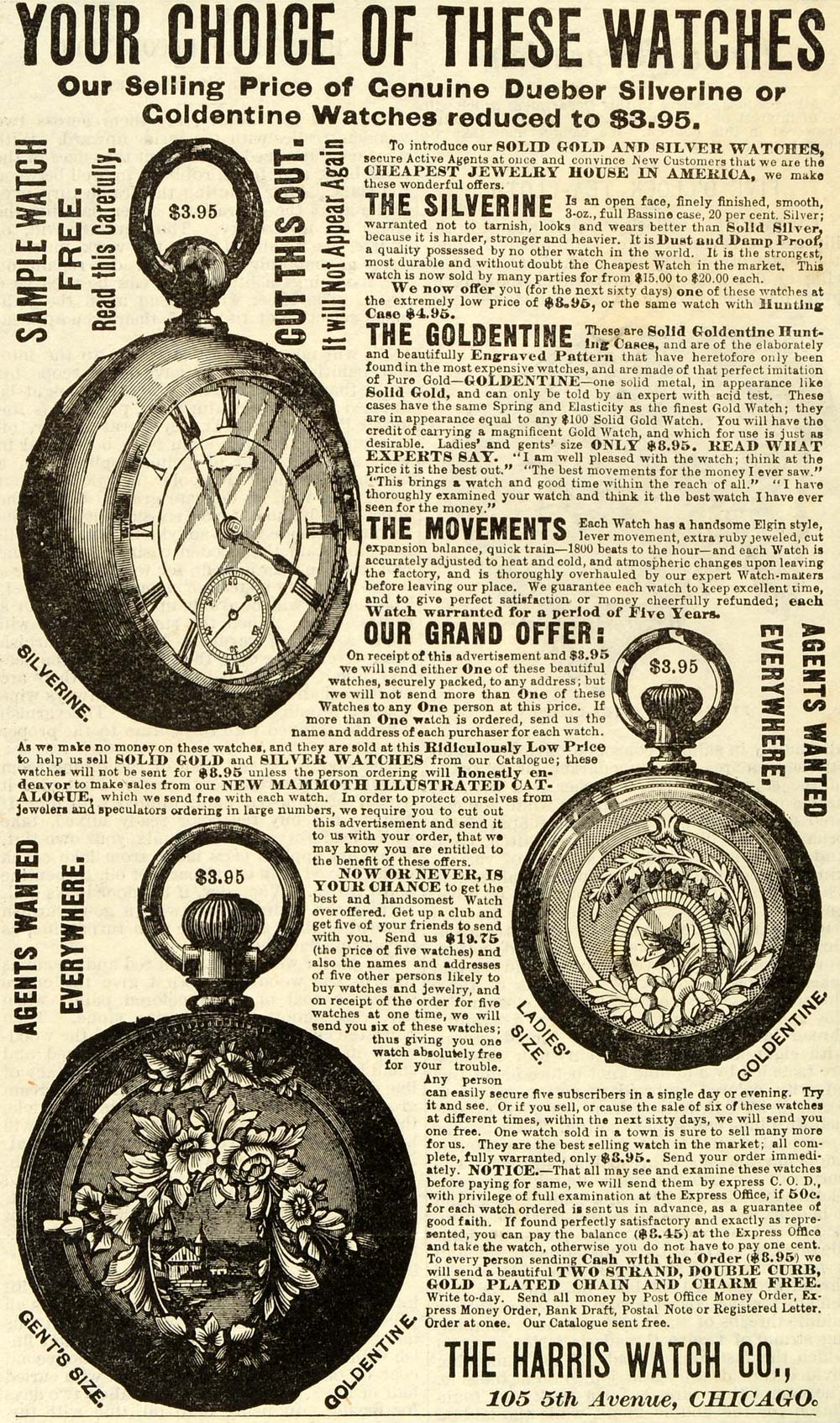 1888 Ad Harris Watch Co Chicago Goldentine Pocket Watches Silverine Jewelry MX7