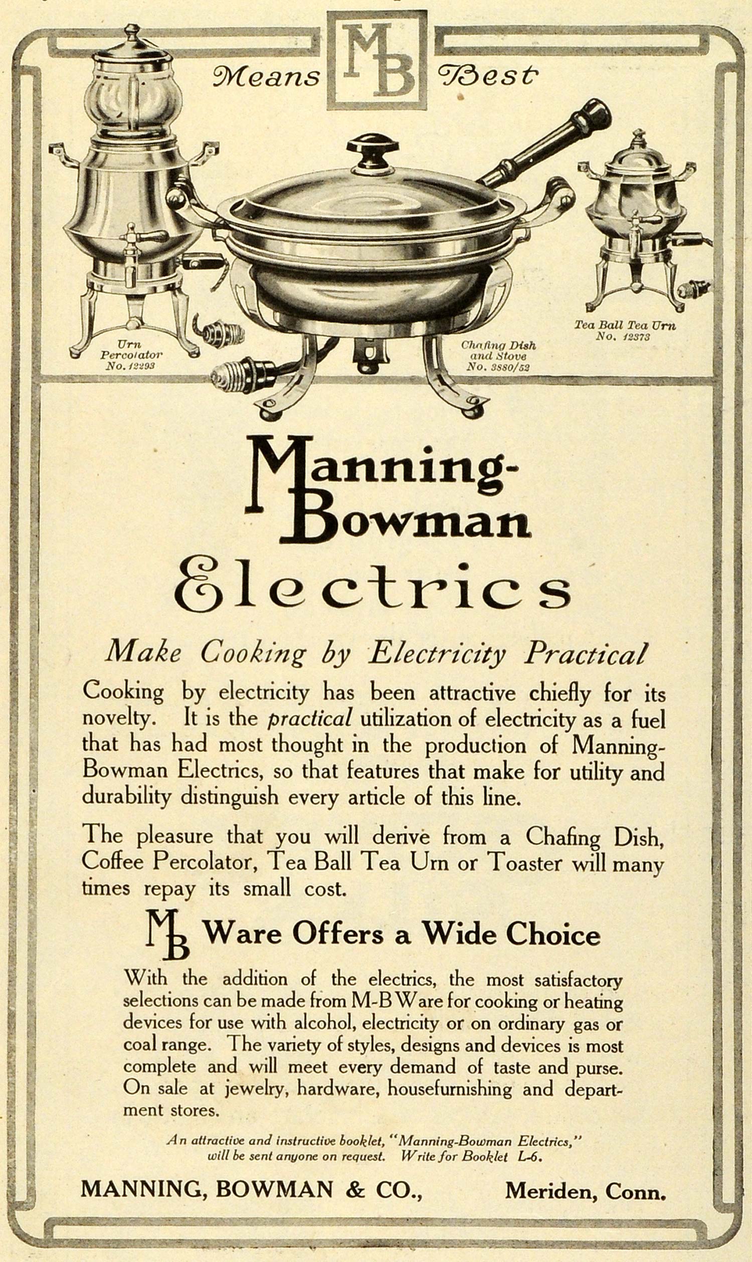 1913 Ad Manning Bowman Chafing Dish Tea Urn Percolator Household Kitchenware MX7