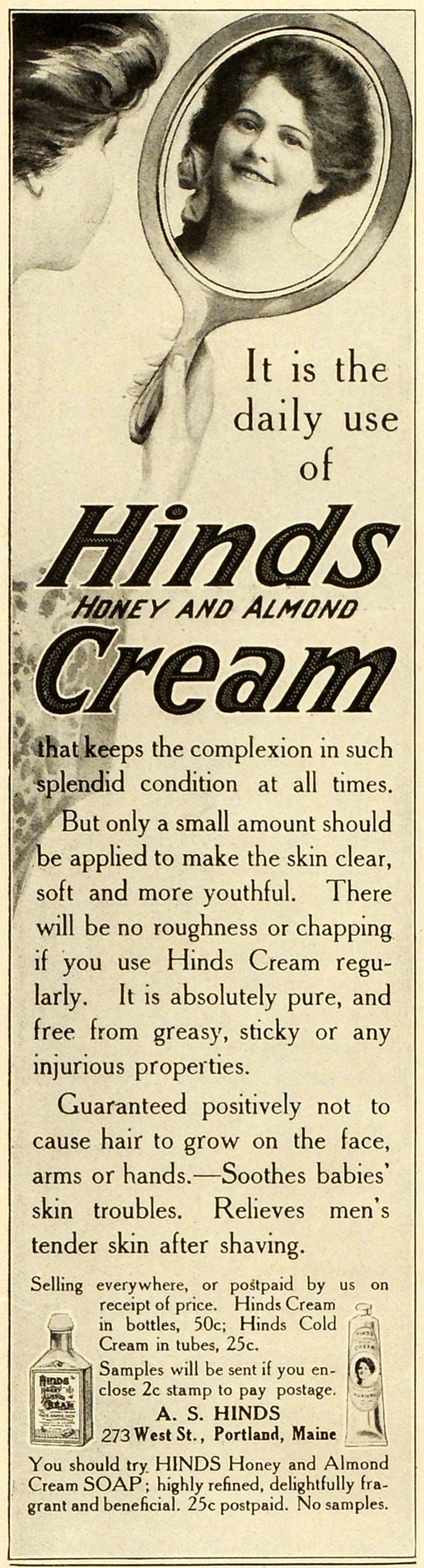 1913 Ad Hinds Honey Almond Cream Complexion Skin Bottle Tube Soap Price MX7