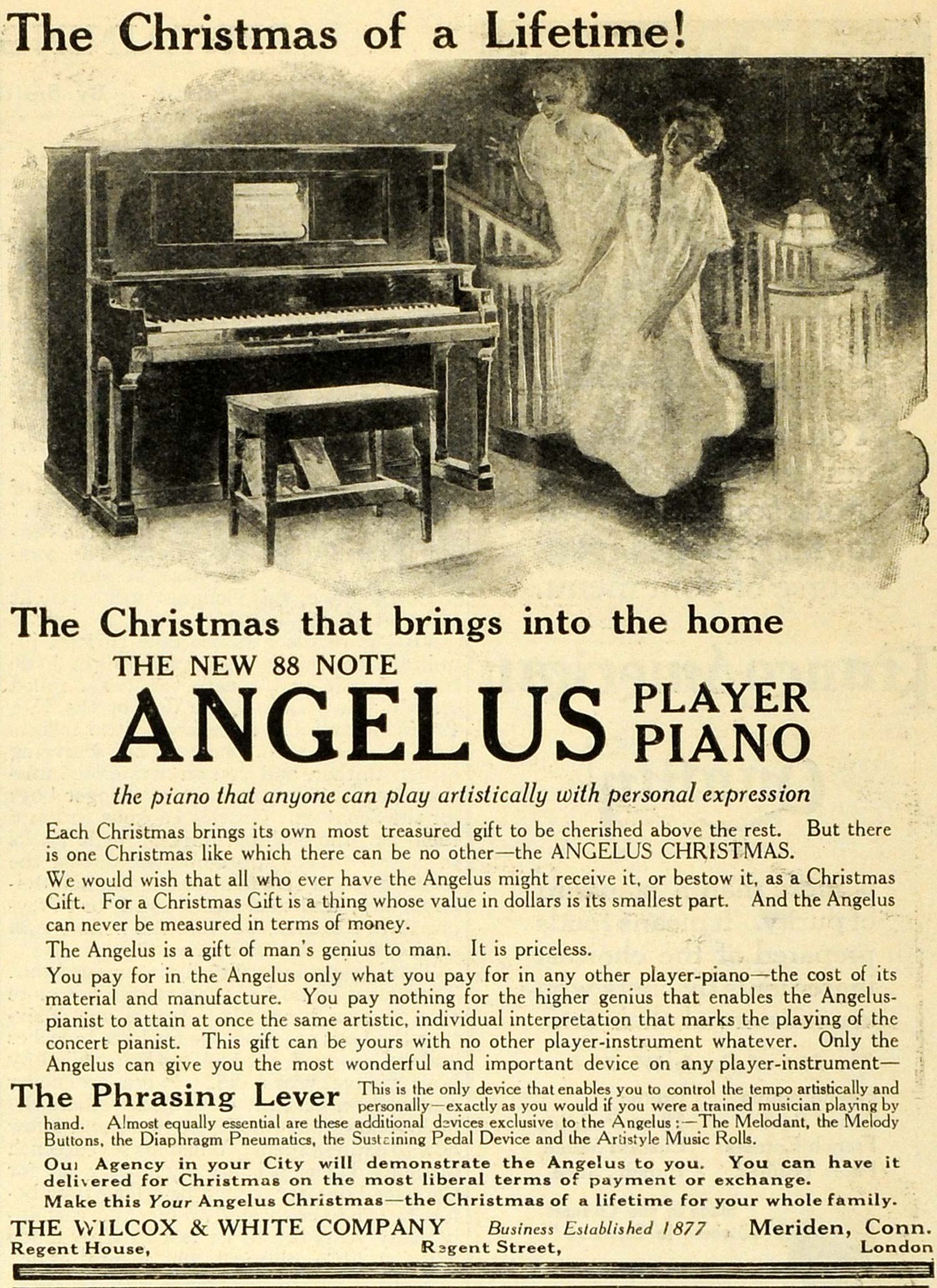 1910 Ad Christmas 88 Note Angelus Player Piano Musical Instrument Wilcox MX7