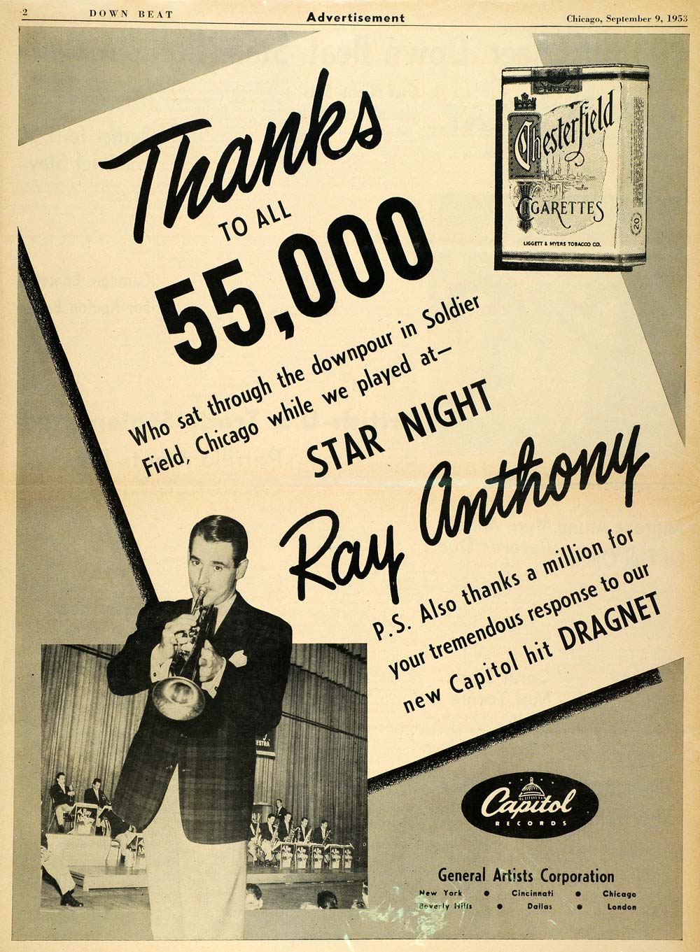 1953 Ad Capitol Chesterfield Cigarette Ray Anthony Show - ORIGINAL MZ1