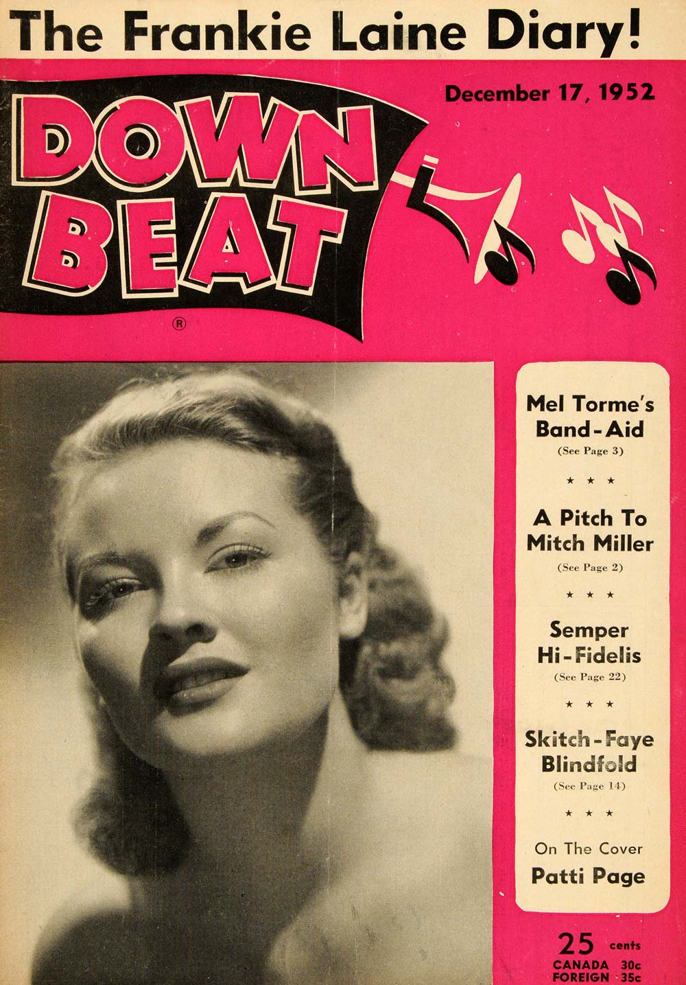 1952 Cover Down Beat Patti Page Pop Country Singer Star - ORIGINAL MZ1