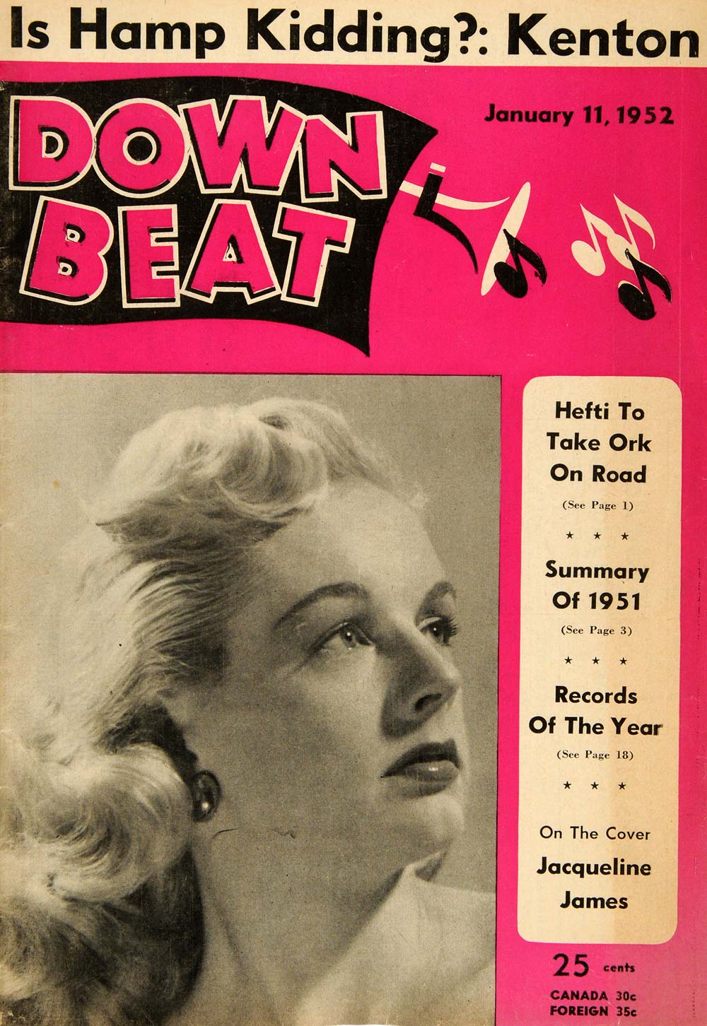 1952 Cover Down Beat Jacqueline James Portrait Magenta - ORIGINAL MZ1