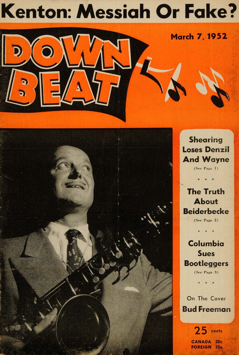 1952 Cover Down Beat Bud Freeman Big Band Saxophonist - ORIGINAL MZ1