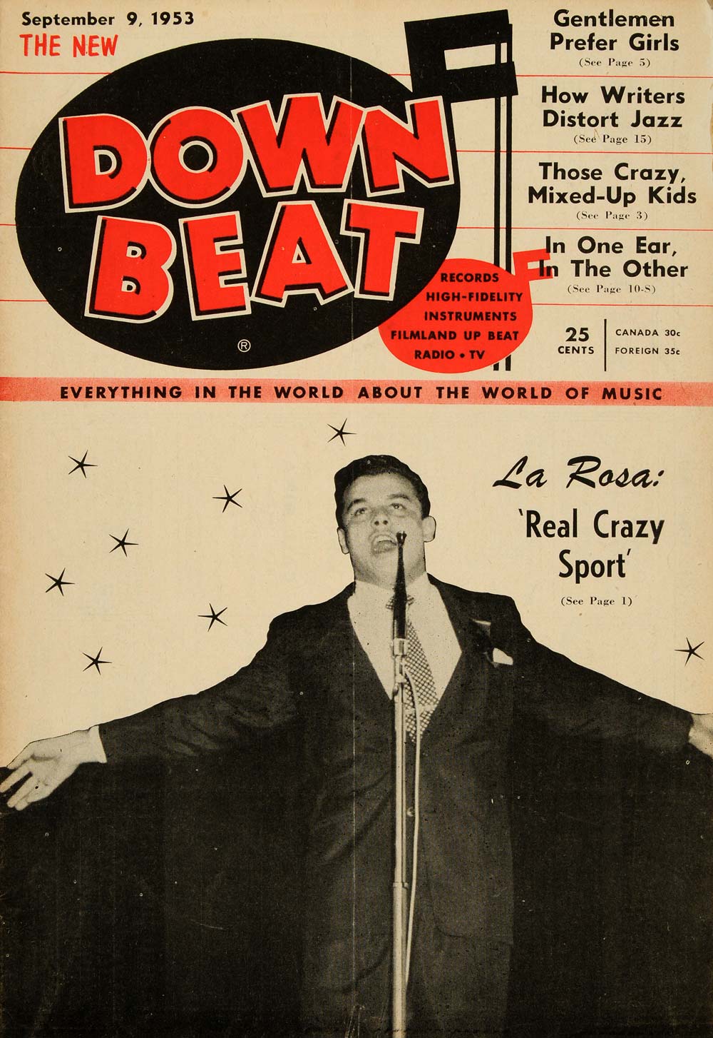 1953 Cover Down Beat Julius La Rosa Pop Singer TV Actor - ORIGINAL MZ1