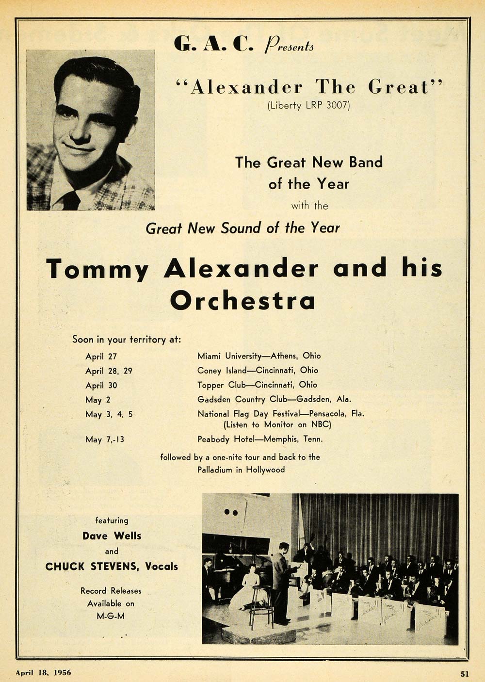 1956 Ad Tommy Alexander Orchestra Band Tour MGM Record - ORIGINAL MZ1