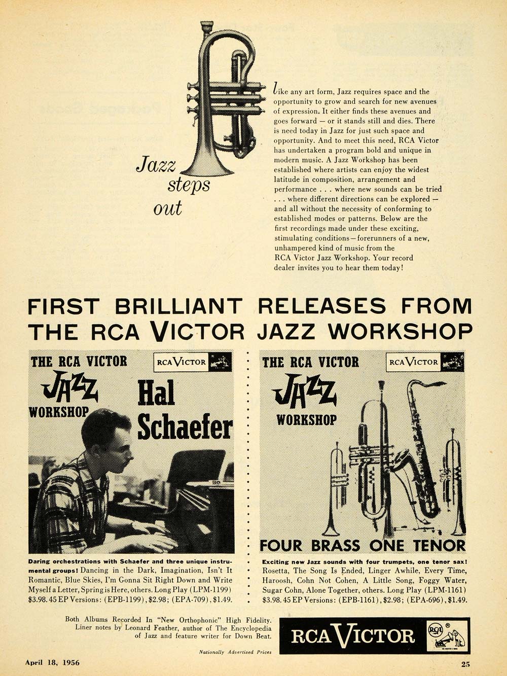 1956 Ad RCA Victor Jazz Workshop Album Hal Schaefer - ORIGINAL ADVERTISING MZ1