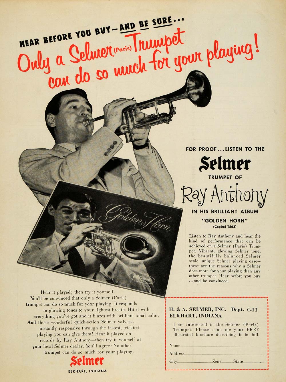 1956 Ad Selmer Trumpets Ray Anthony Golden Horn Record - ORIGINAL MZ1