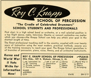 1952 Ad Roy C Knapp Percussion Drum School War Veterans - ORIGINAL MZ1