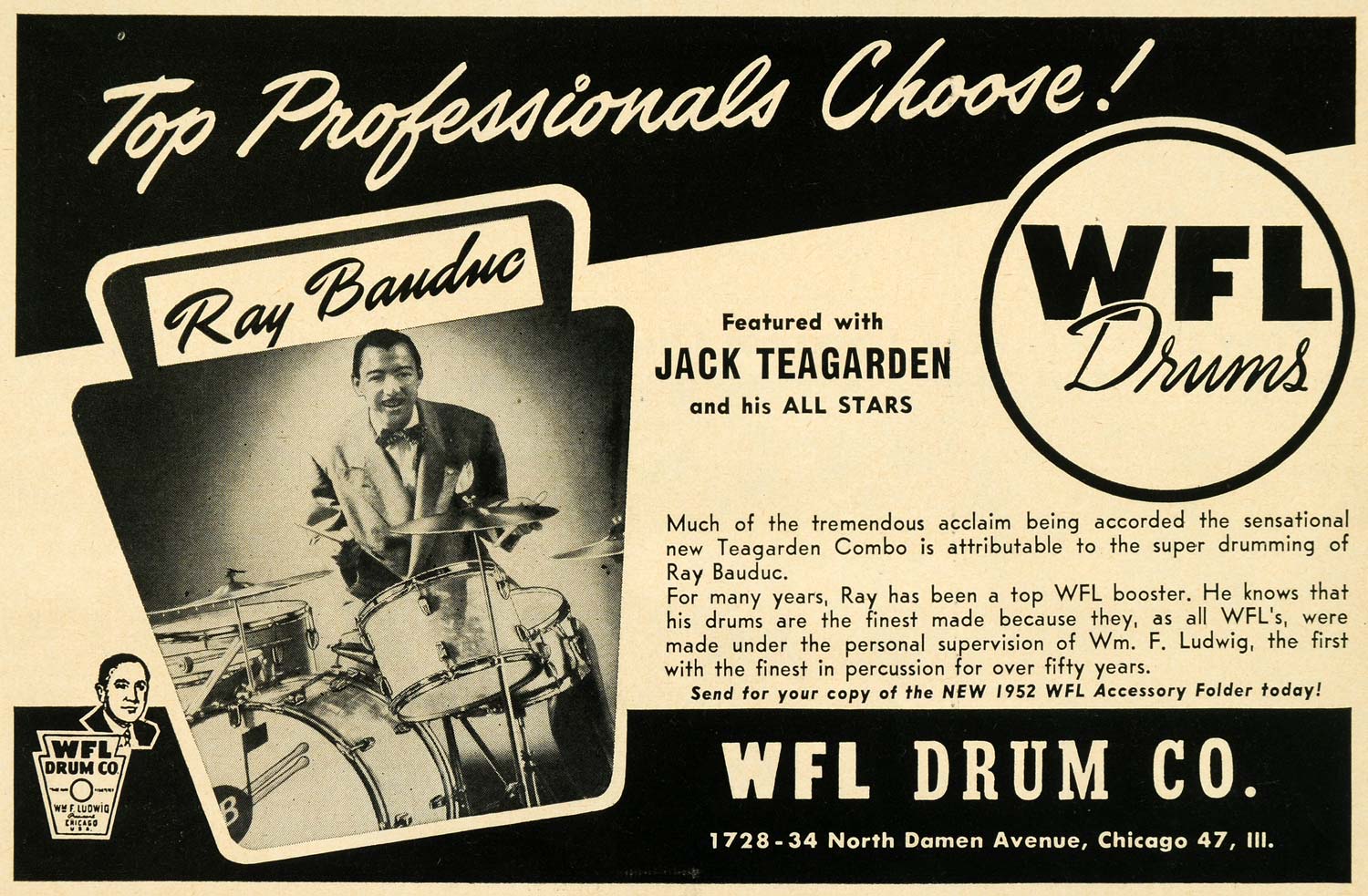 1952 Ad WFL Drums Ray Banduc Jack Teagarden All Stars - ORIGINAL ADVERTISING MZ1