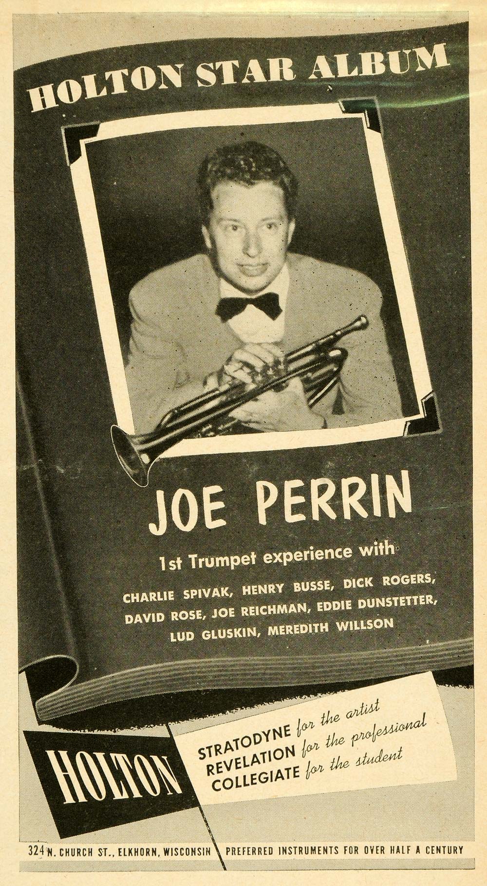 1953 Ad Holton Instrument Joe Perrin Trumpeter Portrait - ORIGINAL MZ1