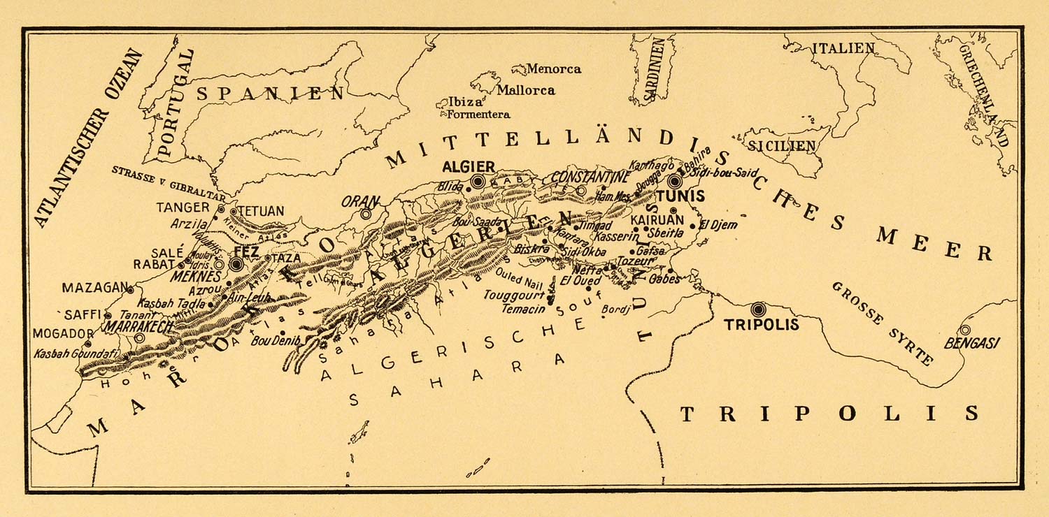 1924 Print Map North Africa Mediterranean Sea Sahara - ORIGINAL NAF2
