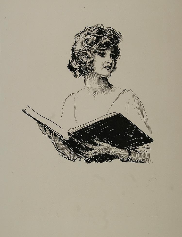 1921 Print Portrait B/W Sketch Young Woman Lady Book - ORIGINAL NAVY2