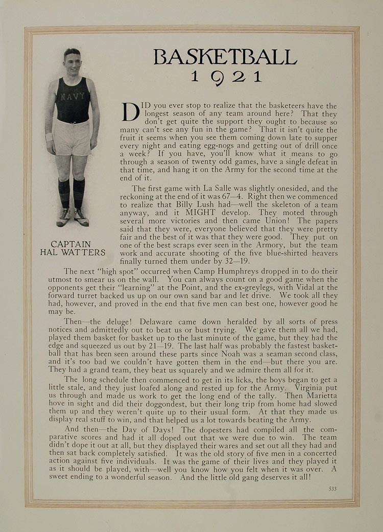 1921 Print Naval Academy Basketball Capt. Hall Watters ORIGINAL HISTORIC NAVY2