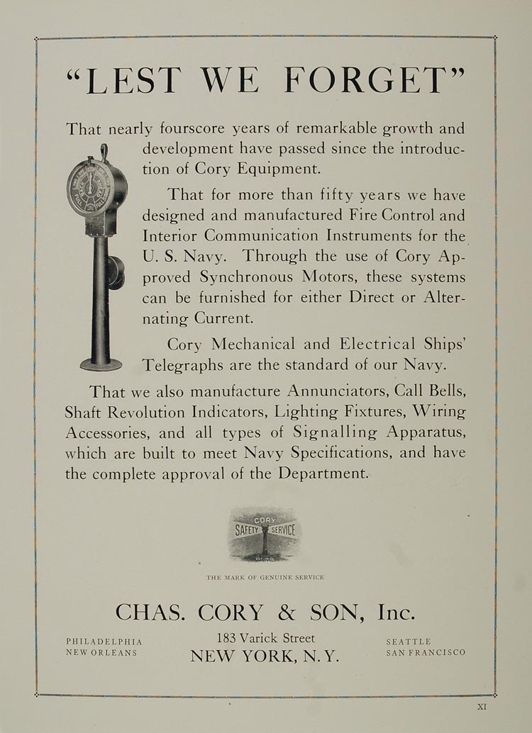 1921 Ad Cory Navy Equipment Fire Control Communication - ORIGINAL NAVY2