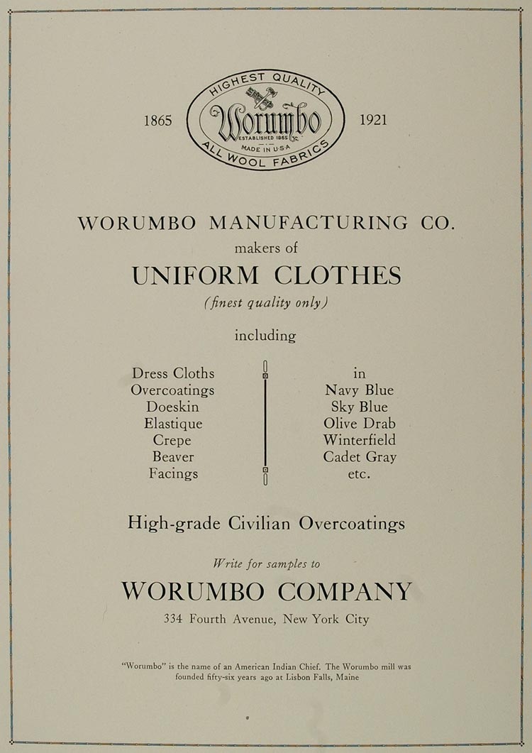 1921 Original Ad Worumbo Company Military Uniforms New York Textiles NAVY2