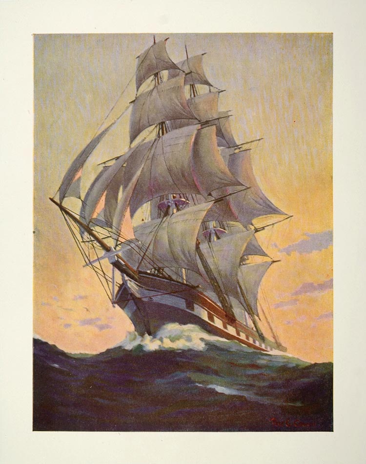 1921 Original Color Print Sailing Ship Sails Masts NICE - ORIGINAL NAVY