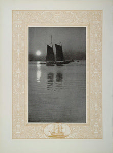 1921 Original Halftone Print Sailing Sailboat Moon NICE ORIGINAL HISTORIC NAVY