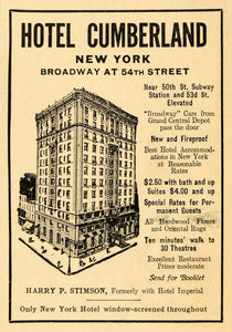 1911 Ad Hotel Cumberland NY Rates Harry P. Stimson - ORIGINAL ADVERTISING NEM1