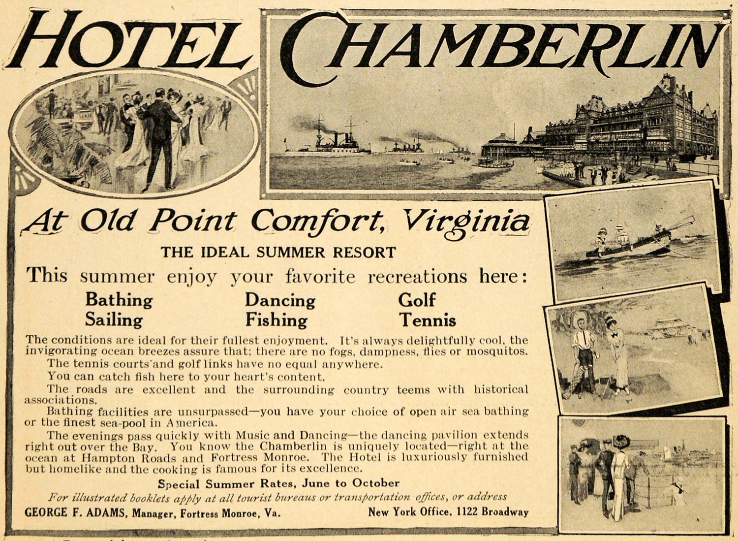 1911 Ad Chamberlin Hotel Old Point Comfort George Adams - ORIGINAL NEM1