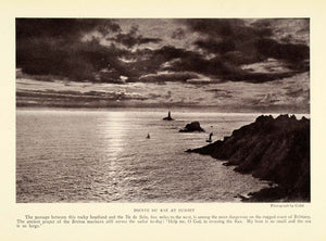 1923 Print Brittany France Pointe Raz Sunset Sailboat Ships Lighthouse NGM1