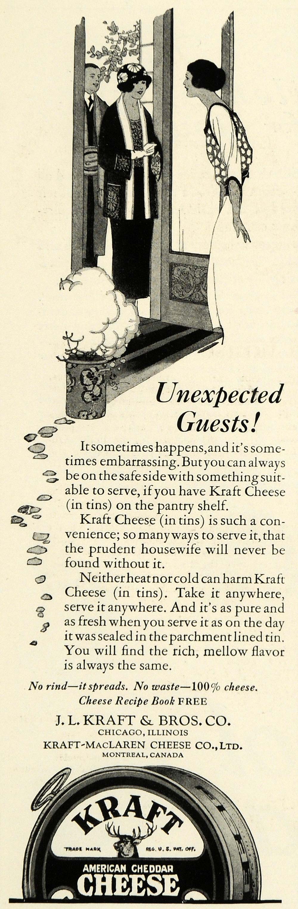 1923 Ad J. L. Kraft American Cheddar Cheese Unexpected Guest Hostess Snack NGM1