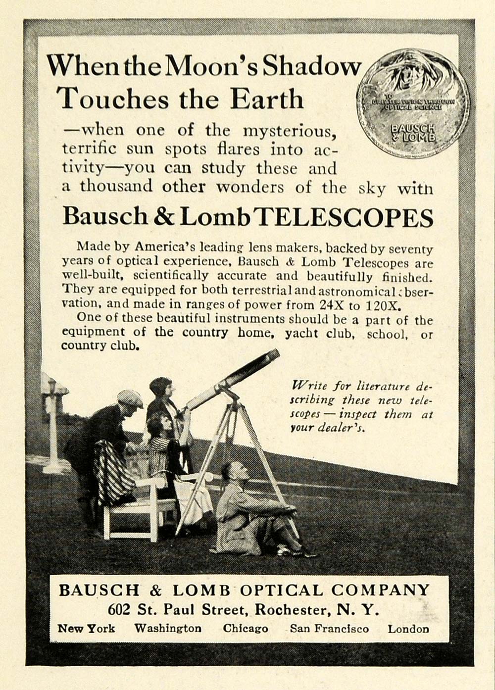 1923 Ad Bausch Lomb Optical Telescope Astronomy Stargazing Planetary Solar NGM1