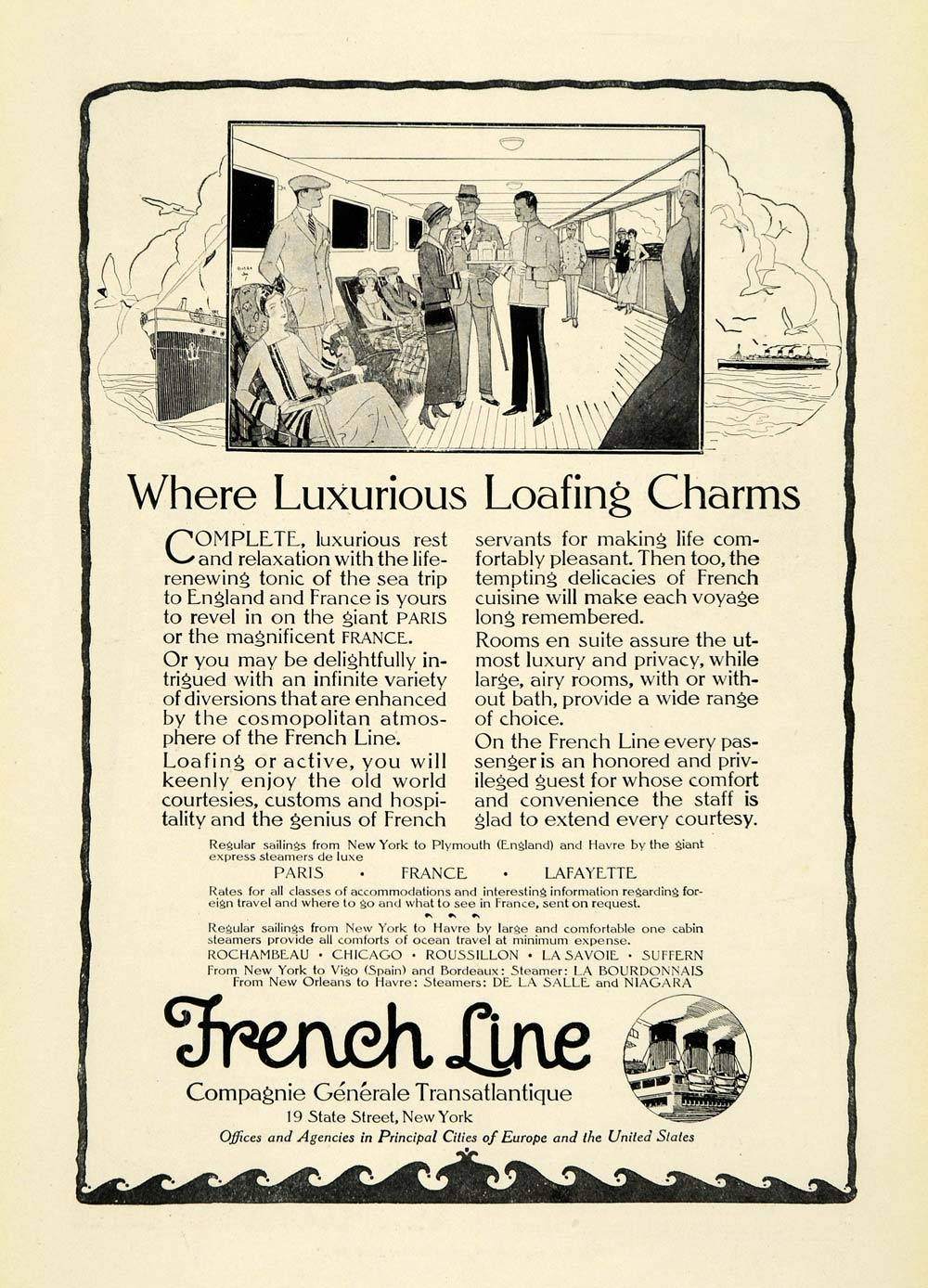 1923 Ad French Line Cruise Ship Deck Paris Tourism Sightseeing Excursions NGM1