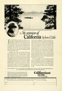 1923 Ad California Chamber Commerce Ivrin S. Cobb Opinion Story San NGM1
