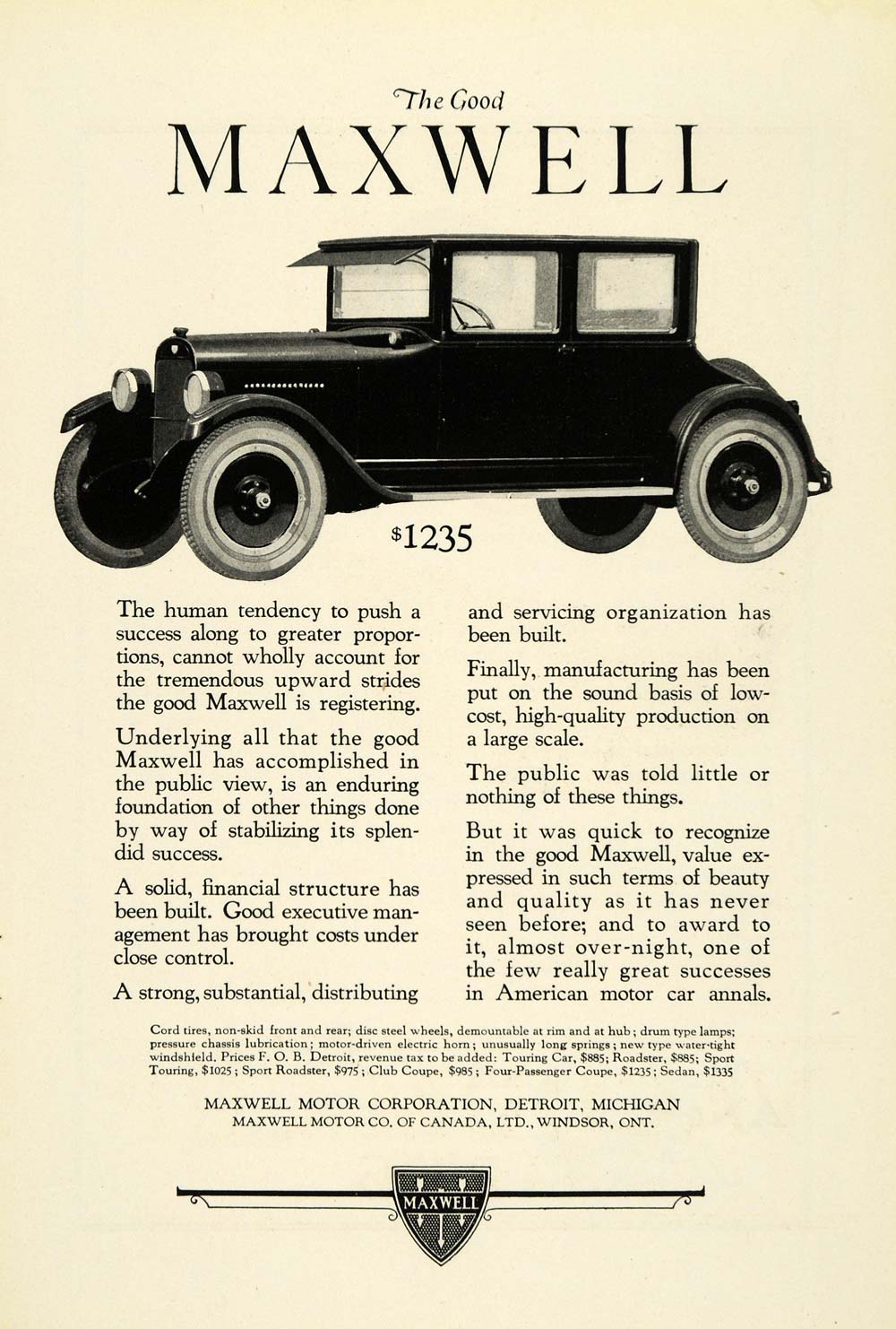 1923 Ad Antique Enclosed Maxwell Motor Car Automobile Pricing Detroit NGM1