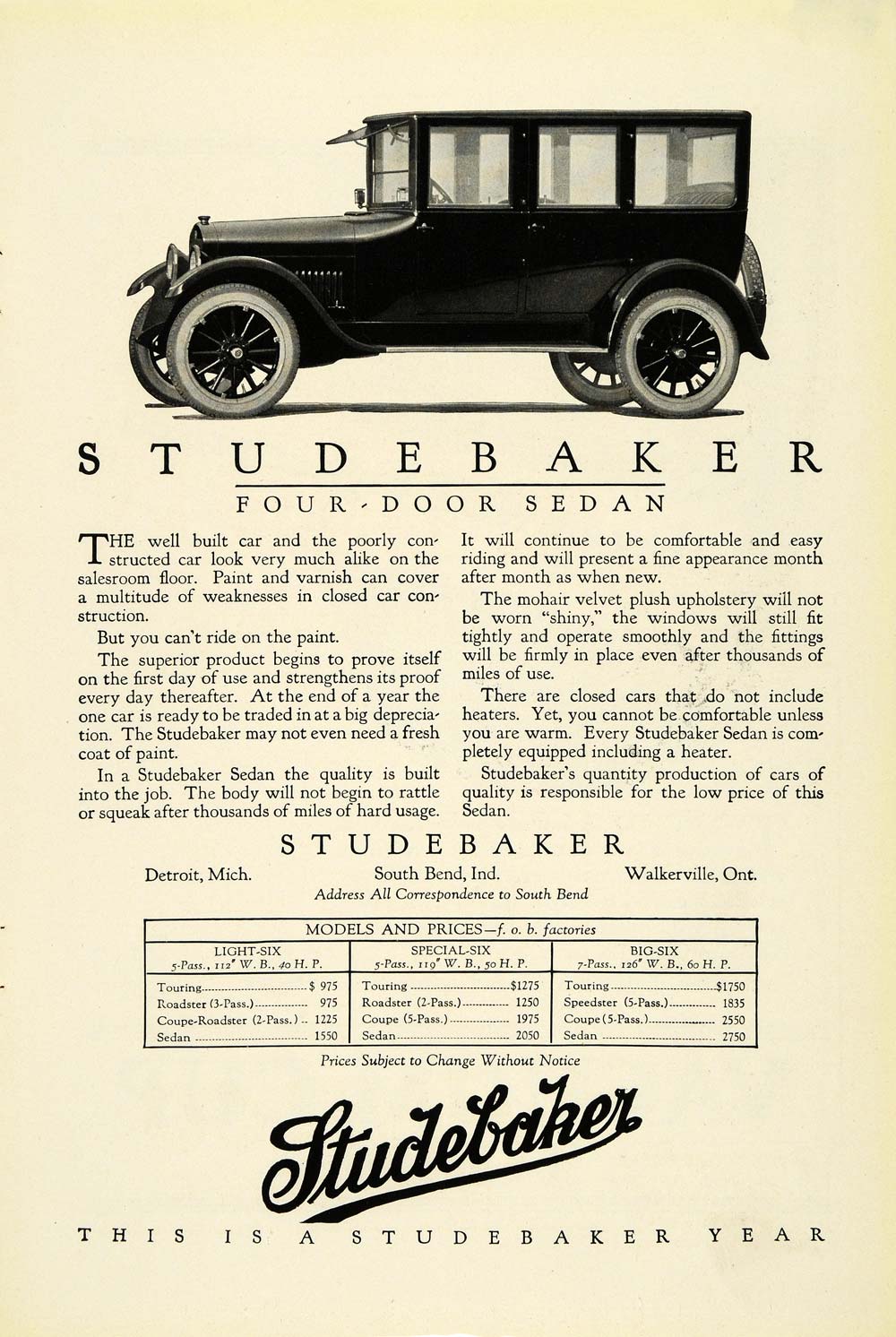 1923 Ad Antique Enclosed Studebaker Sedan Automobile Cars Models Pricing NGM1
