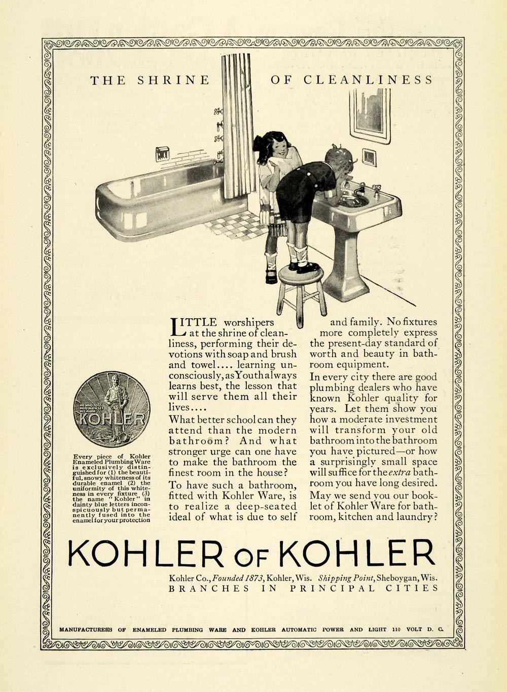 1923 Ad Kohler Bathroom Plumbing Fixtures Appliance Children Sink Bathtub NGM1