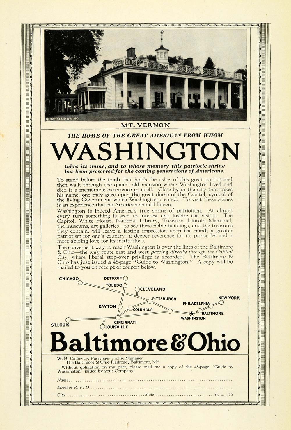 1923 Ad Baltimore Ohio Railway Train Route George Washington Mount Vernon NGM1