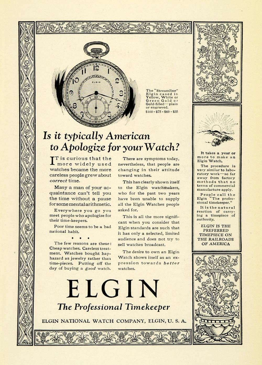 1923 Ad Antique Elgin Streamline Pocket Watch Jewelry Timepiece Accessories NGM1