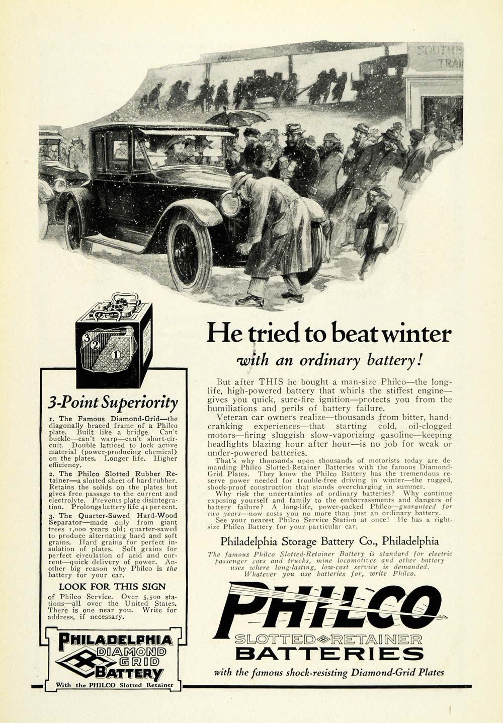 1923 Ad Philco Batteries Snow Winter Automobile Engine Slotted Retainer Car NGM1