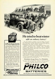 1923 Ad Philco Batteries Snow Winter Automobile Engine Slotted Retainer Car NGM1