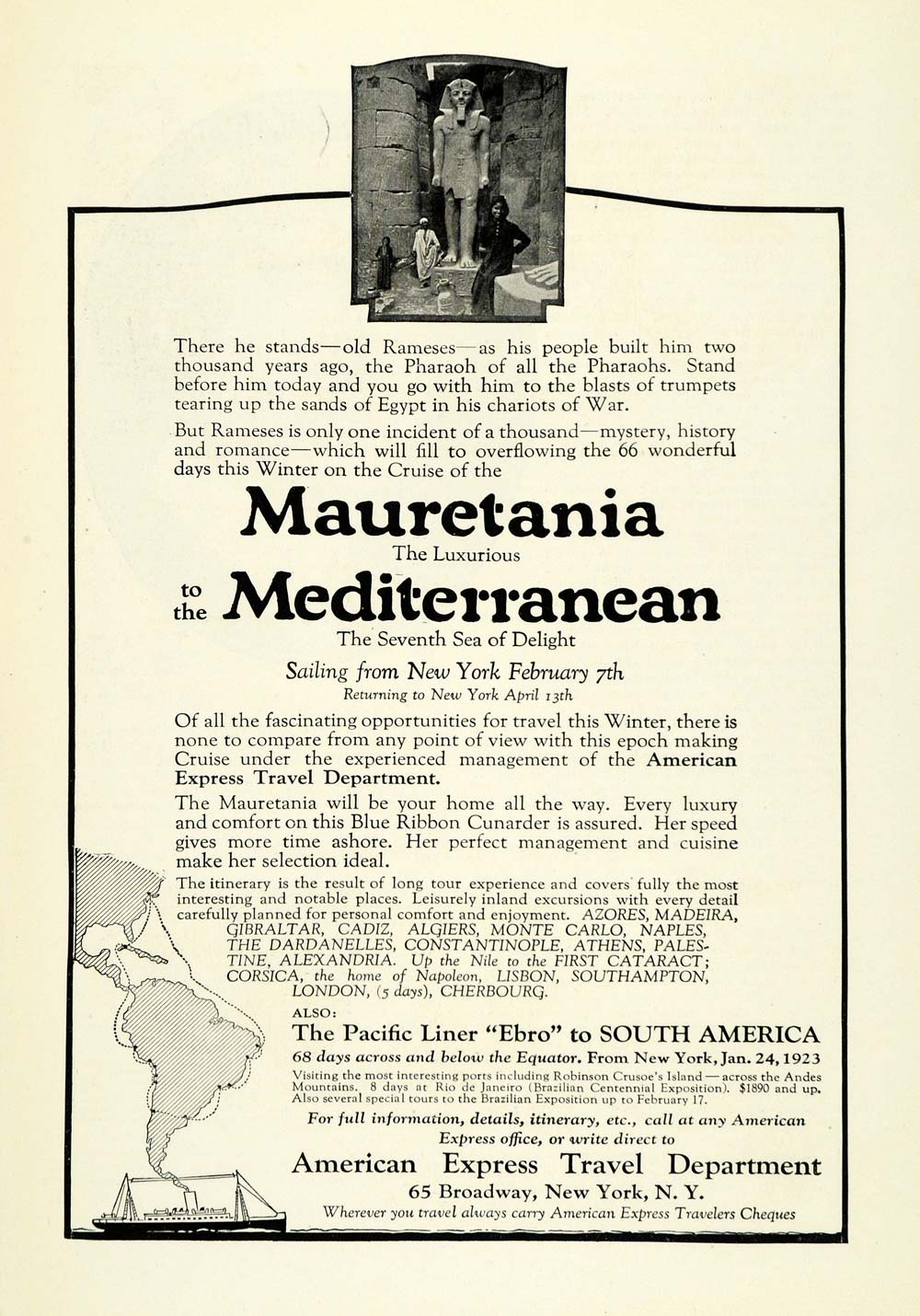 1923 Ad Mauretania Mediterranean Cruise Express Ebro Rameses Statue Pharaoh NGM1
