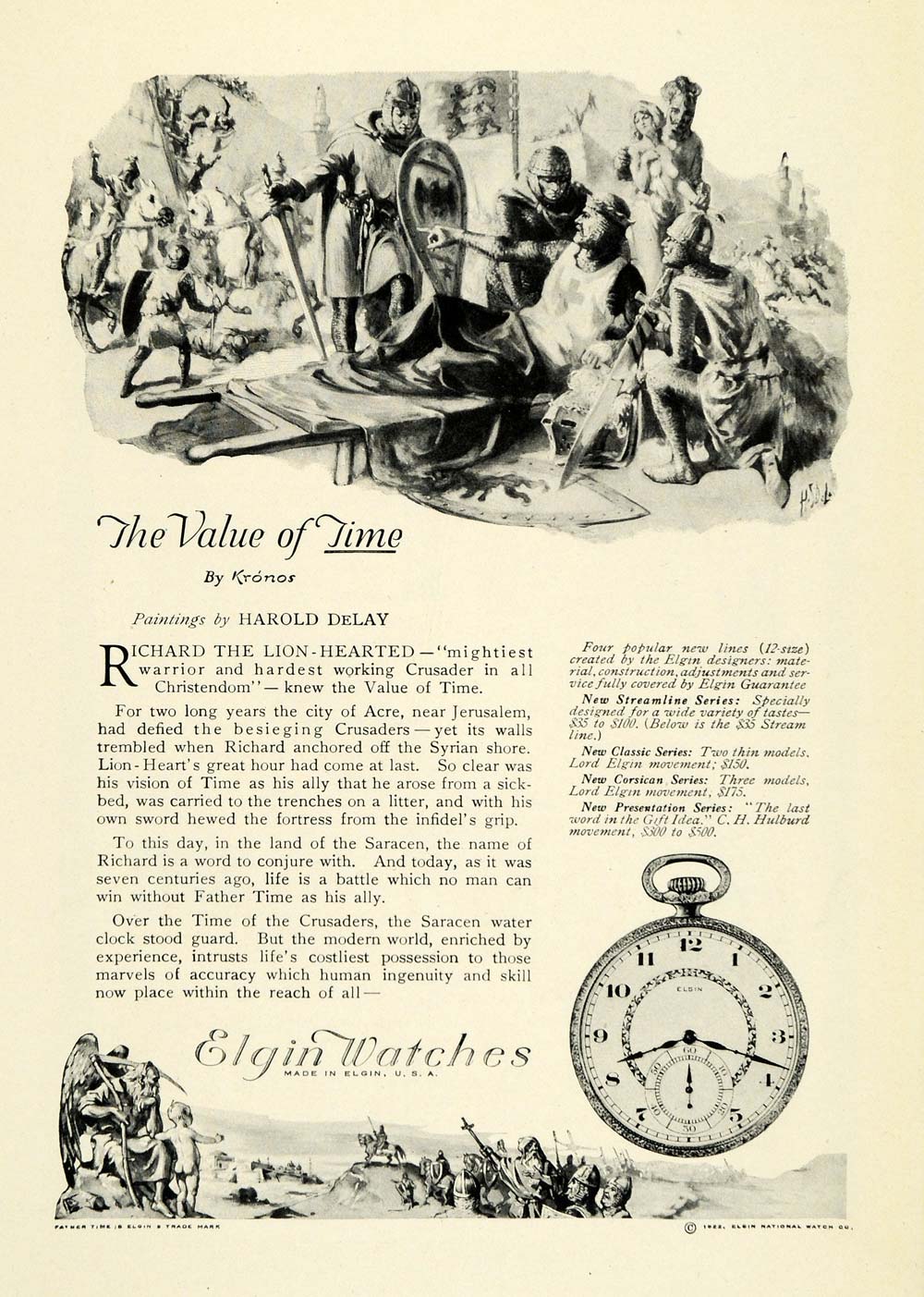 1922 Ad Elgin Watches Richard Lion Hearted Knights Kronos Delay National NGM1