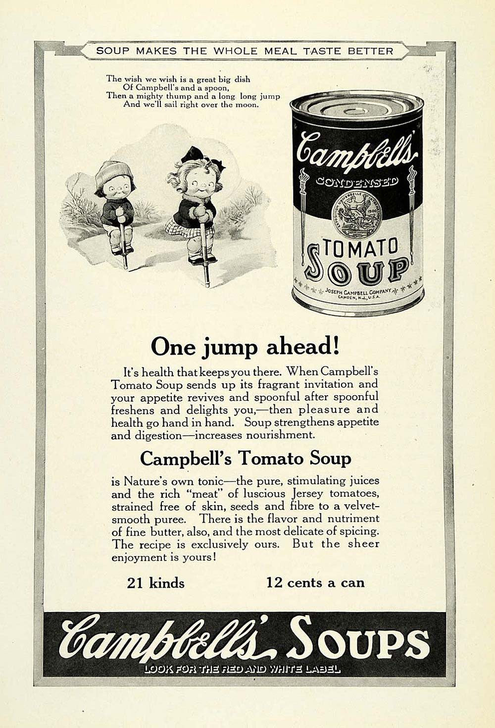 1922 Ad Campbell's Soups Condensed Tomato Soup Canned Food Pogo Stick Can NGM1 - Period Paper
