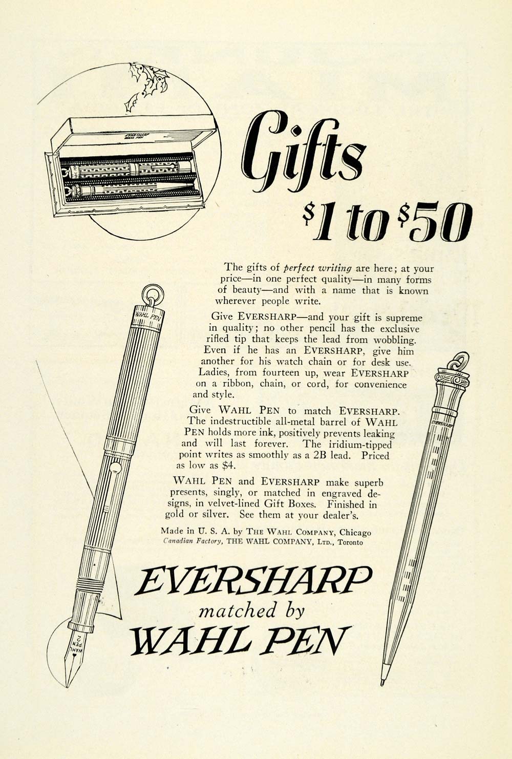 1922 Ad Christmas Gifts Eversharp Wahl Fountain Ballpoint Pen Writing NGM1
