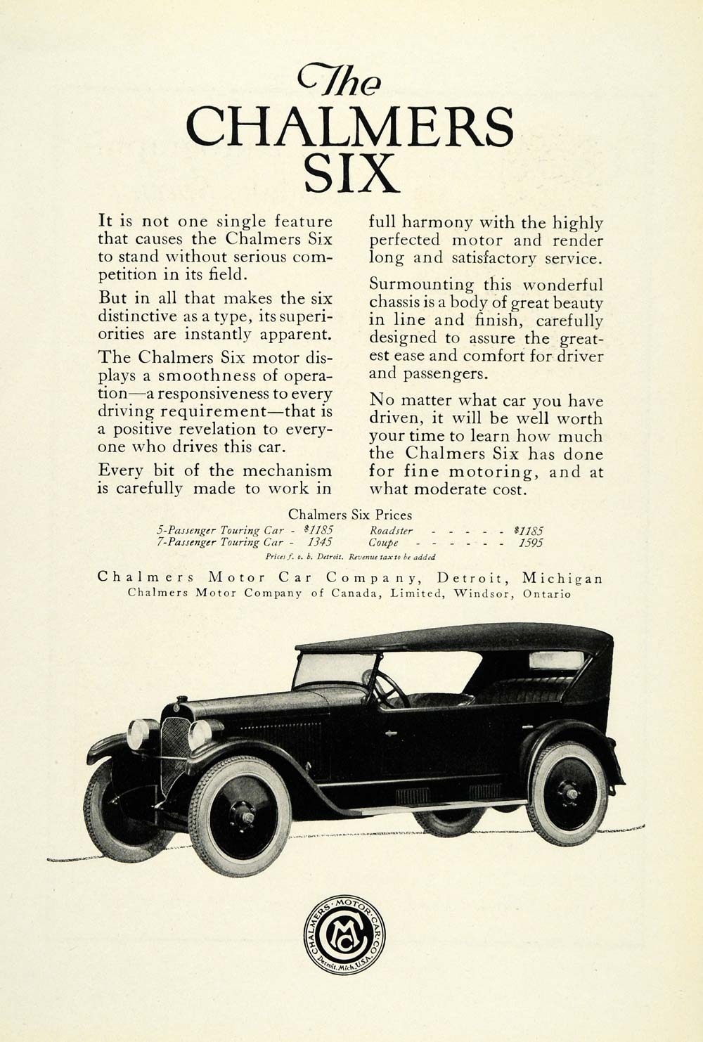 1922 Ad Chalmers Motor Car Six Logo Automobile Vintage Detroit Michigan NGM1