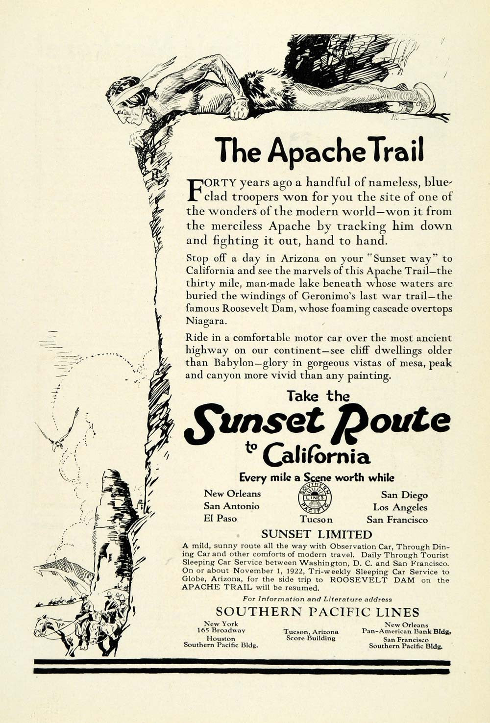 1922 Ad Sunset Limited California Apache Trail Tribe Chief Southern Pacific NGM1